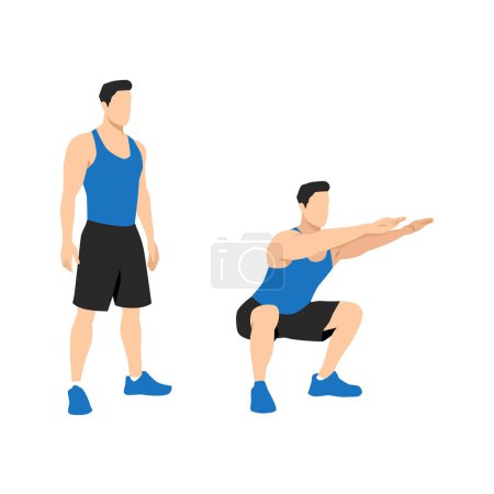 Téléchargez les illustrations : Homme faisant squat d'air en 2 étapes en vue latérale. Illustration vectorielle plate isolée sur fond blanc - en licence libre de droit
