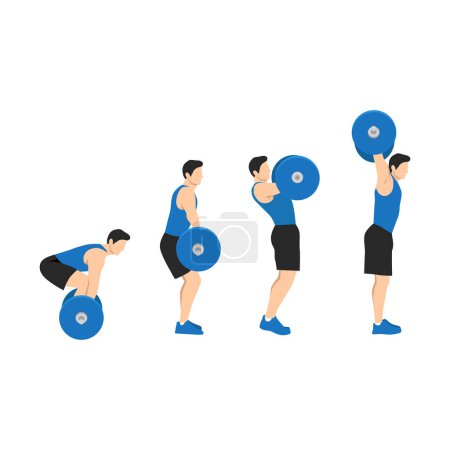 Illustration for Man doing barbell power snatch exercise. Flat vector illustration isolated on white background - Royalty Free Image