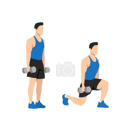 Illustration for Man doing Dumbbell walking lunges exercise. Flat vector illustration isolated on white background - Royalty Free Image
