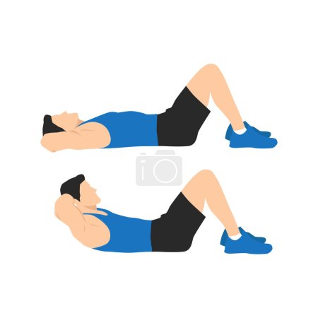 Man doing crunches. Abdominals exercise. Flat vector illustration isolated on white background.
