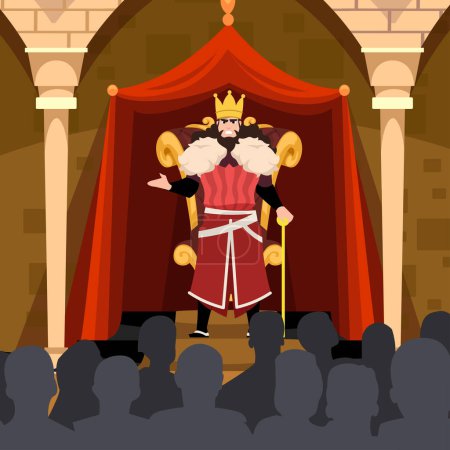 king in front of his royal throne talking or giving speech to his people flat illustration character