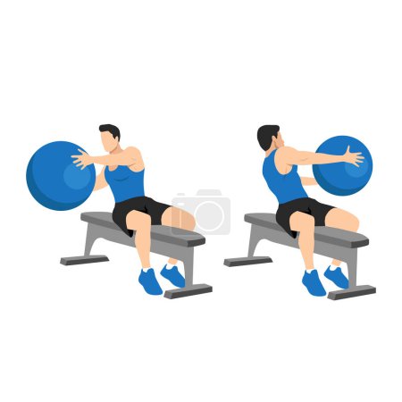 Illustration for Man doing Bench Swiss. fitness workout, practicing abs exercise with med ball at gym. Russian twist with medicine ball. Flat vector illustration isolated on white background - Royalty Free Image