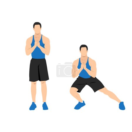 Illustration for Man doing Bodyweight Side steps. Lateral Lunges workout in 2 steps. Flat vector illustration isolated on white background - Royalty Free Image