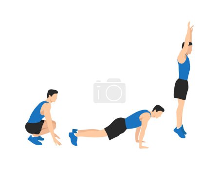 Ilustración de Hombre haciendo la posición Squat Thrust Burpee en 3 pasos de ejercicio. Ilustración vectorial plana aislada sobre fondo blanco - Imagen libre de derechos