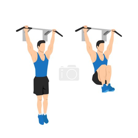 Illustration for Man doing hanging knee leg raises. Abdominals exercise. Flat vector illustration isolated on white background. Editable file with layers - Royalty Free Image