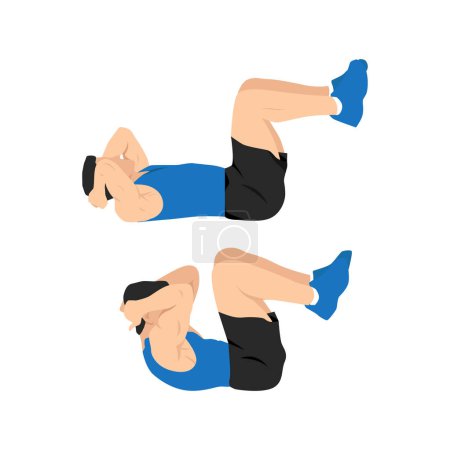Illustration for Man doing double crunches.Abdominals exercise. Flat vector illustration isolated on white background. - Royalty Free Image