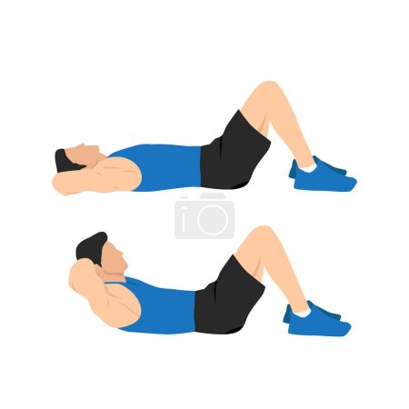 Illustration for Man doing crunches. Abdominals exercise. Flat vector illustration isolated on white background. - Royalty Free Image