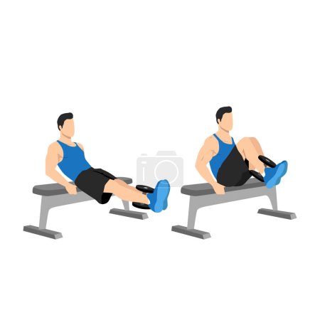 Illustration for Man doing dumbbell weighted leg pull-ins. Abdominals exercise. Flat vector illustration isolated on white background. - Royalty Free Image