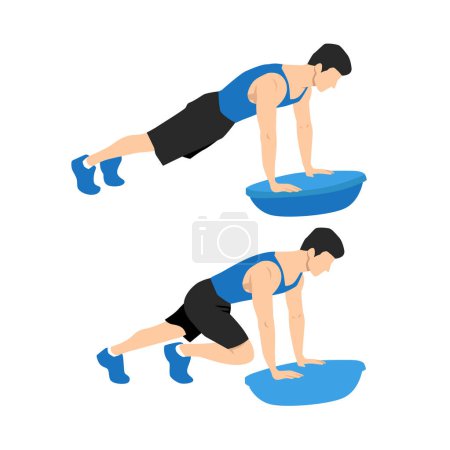 Illustration for Man doing bosu ball mountain climber. Abdominals exercise. Flat vector illustration isolated on white background. - Royalty Free Image