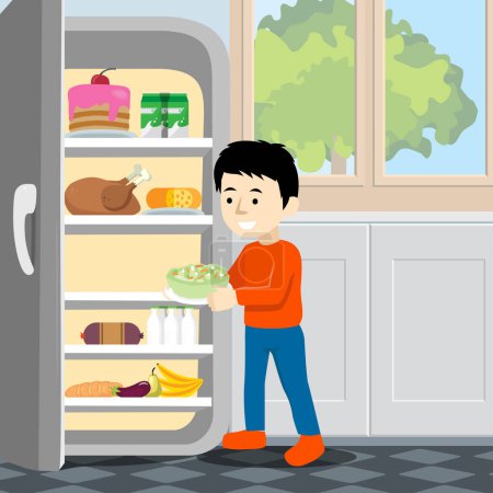 Téléchargez les illustrations : Garçon tenant une assiette de salade de chou glacée devant un réfrigérateur sur fond blanc - en licence libre de droit