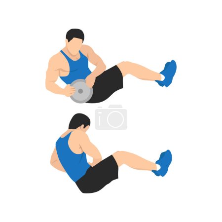 Illustration for Man doing man twists exercise. Abdominals excercise flat vector illustration isolated on white background - Royalty Free Image