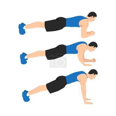 Illustration for Man doing plank to push ups movement. walking plank up-downs. abs exercise flat vector illustration isolated on white background - Royalty Free Image