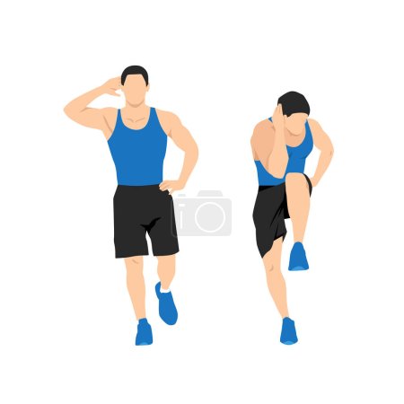 Der Mensch, der Körper knirscht. Crosslauf im Stehen. flache Vektorillustration eines Mannes in Bauchmuskelübung.Anleitung