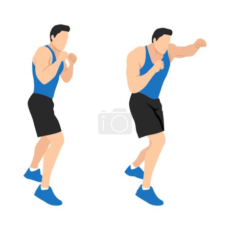 Man doing shadow boxing exercise. Flat vector illustration isolated on different layers. Workout character