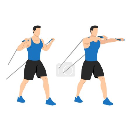 Illustration for Resistance band chest press exercise, Flat vector illustration isolated on white background. Chest workout - Royalty Free Image
