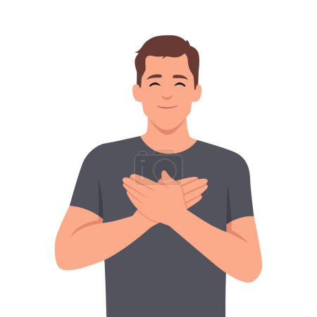 Illustration for Touched positive man holds his hands on his chest, expressing gratitude. Flat vector illustration isolated on white background - Royalty Free Image