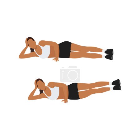 Ilustración de Mujer haciendo ejercicios de levantamiento lateral de piernas. Ilustración vectorial plana aislada sobre fondo blanco - Imagen libre de derechos