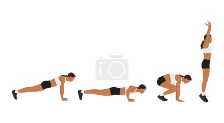 Femme faisant Burpee avec pousser vers le haut exercice. Illustration vectorielle plate isolée sur fond blanc