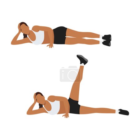 Téléchargez les illustrations : Femme faisant de l'exercice d'enlèvement de hanche sur le côté allongé. Illustration vectorielle plate isolée sur fond blanc - en licence libre de droit