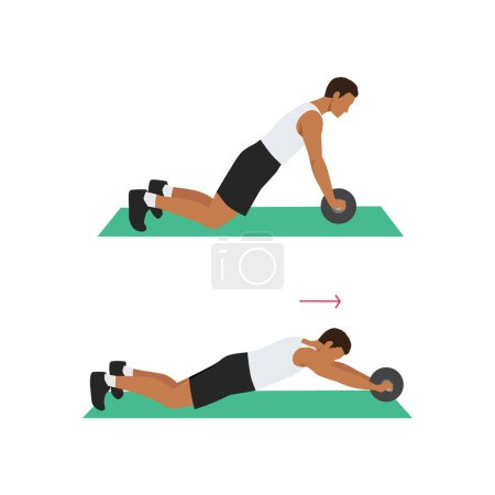 Illustration for Man doing Ab roller exercise. Flat vector illustration isolated on white background - Royalty Free Image