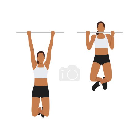 Frau beim Klimmzug-Training. Flache Vektordarstellung isoliert auf weißem Hintergrund. Workout-Zeichensatz