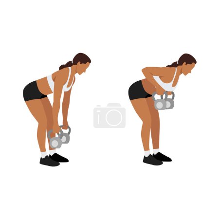 Téléchargez les illustrations : Femme faisant deux bras kettlebell rangée exercice. Illustration vectorielle plate isolée sur fond blanc. jeu de caractères d'entraînement - en licence libre de droit