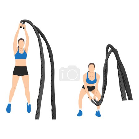 Illustration for Woman doing battle rope double arm slams exercise. flat vector illustration isolated on white background - Royalty Free Image