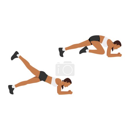 Illustration for Woman doing knee to elbow kickback exercise. Flat vector illustration isolated on white background - Royalty Free Image