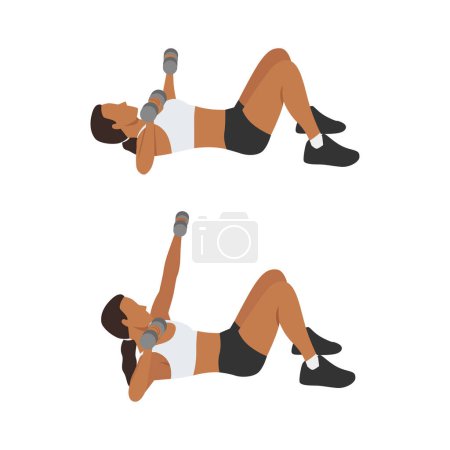 Illustration for Woman doing Chest press punch up exercise. Flat vector illustration isolated on white background - Royalty Free Image