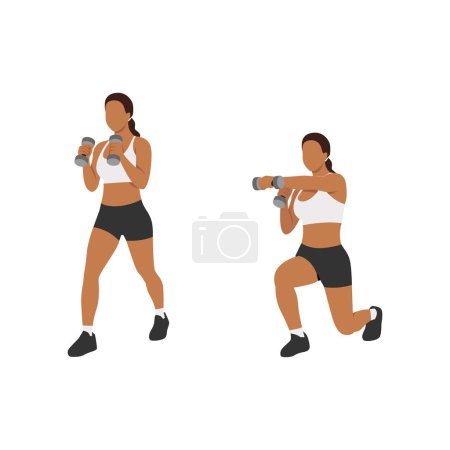 Illustration for Woman doing lunge punch with dumbbell exercise. Flat vector illustration isolated on white background - Royalty Free Image