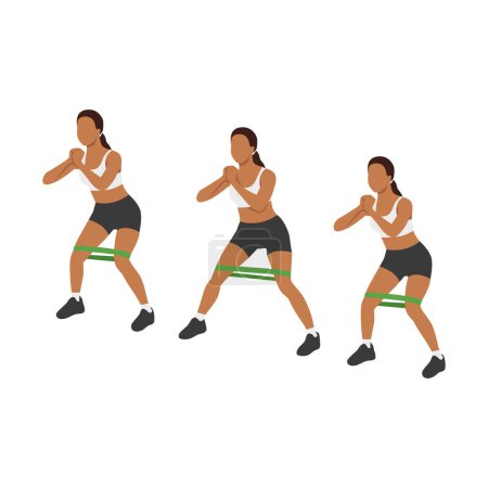 Ilustración de Mujer haciendo ejercicio de caminar banda lateral. Ilustración vectorial plana aislada sobre fondo blanco - Imagen libre de derechos