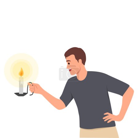 Téléchargez les illustrations : Un homme tenant des bougies diwali. homme tient chandelier avec bougie allumée. Illustration vectorielle plate isolée sur fond blanc - en licence libre de droit