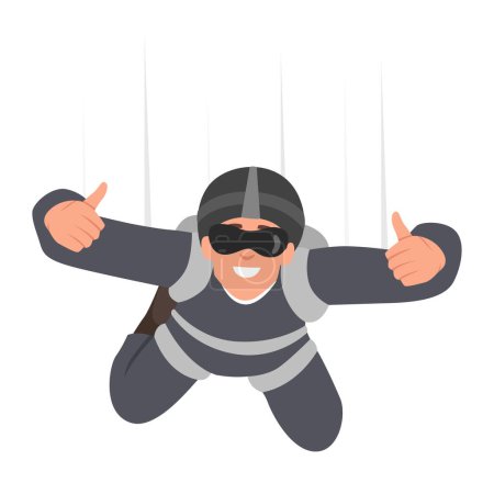 Téléchargez les illustrations : Homme parachutiste pend dans le ciel et montre deux pouces mains vers le haut après avoir sauté de l'avion. Illustration vectorielle plate isolée sur fond blanc - en licence libre de droit