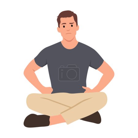 Illustration for Young handsome man feeling confused and doubtful, wondering or trying to choose or make a decision sitting on the floor. Flat vector illustration isolated on white background - Royalty Free Image