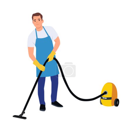 Illustration for Cleaning service man with vacuum cleaner. Male janitor. Flat vector illustration isolated on white background - Royalty Free Image