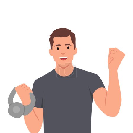 Illustration for Athletic male lifting kettlebell demonstrate power. Flat vector illustration isolated on white background - Royalty Free Image