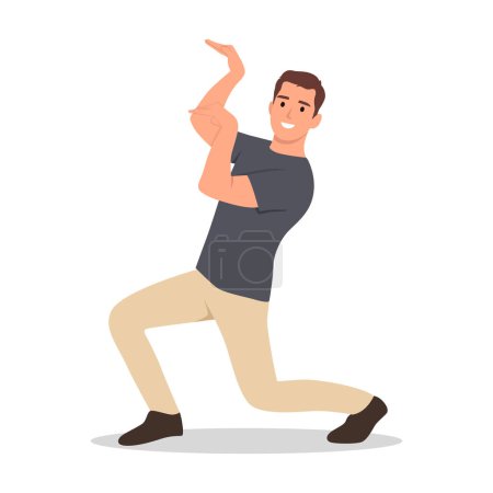 Illustration for Friendly young man with short medium brown hair in casual outfit dancing. Flat vector illustration isolated on white background - Royalty Free Image