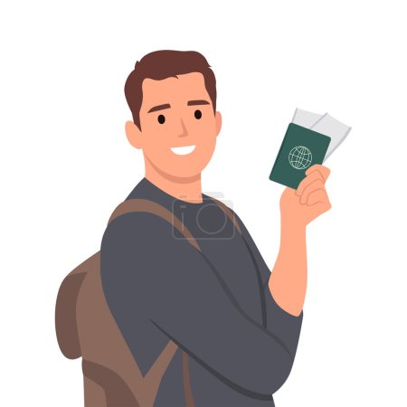 Ilustración de Diversión del viajero joven adolescente estudiante hombre usar ropa casual mochila bolsa de celebrar billete de pasaporte mostrar pulgar hacia arriba. Ilustración vectorial plana aislada sobre fondo blanco - Imagen libre de derechos