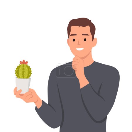 Téléchargez les illustrations : Un jeune homme tient un cactus et pense. Il tient son menton. Illustration vectorielle plate isolée sur fond blanc - en licence libre de droit