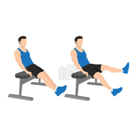 Illustration for Man doing seated bench extended flutter kicks exercise. Flat vector illustration isolated on white background. - Royalty Free Image