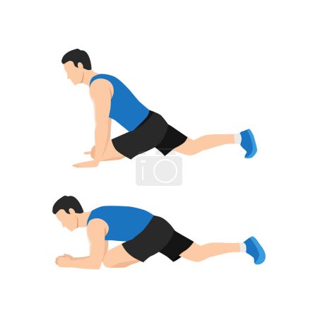 Illustration for Man doing Pigeon glute stretch exercise. Flat vector illustration isolated on white background - Royalty Free Image