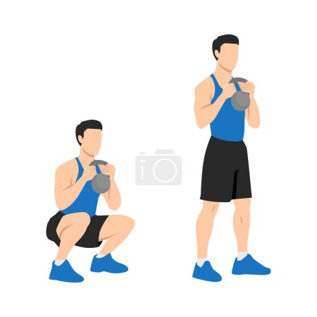 Man doing Smashbell training leg squat with kettlebell exercise. Flat vector illustration isolated on white background