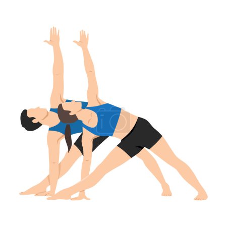 Young couple stretching bending to one side. Couple doing stretching exercise, extended triangle pose, utthita trikonasana. Flat vector illustration isolated on white background