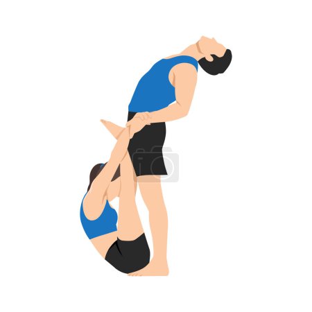 Illustration for Young couple doing stretching exercises together, yoga, fitness with partner. Flat vector illustration isolated on white background - Royalty Free Image