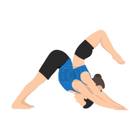 Illustration for Young couple doing scorpion and downward facing dog posture. Flat vector illustration isolated on white background - Royalty Free Image