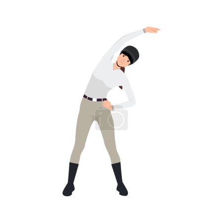 Illustration for Beautiful female jockey. equestrian doing warm up for shoulder and body. Flat vector illustration isolated on white background - Royalty Free Image