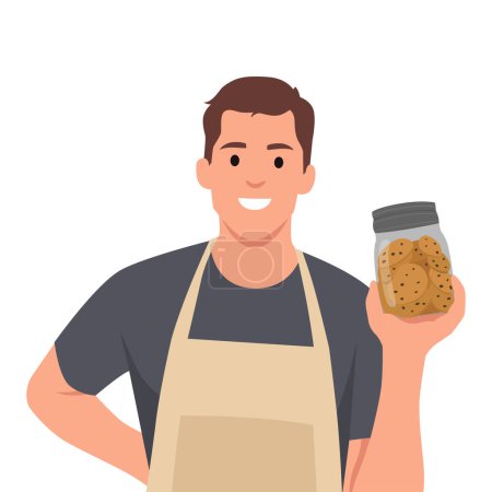 Illustration for Young man holding jar of chocolate chips cookies looking positive and happy standing and smiling with a confident smile. Flat vector illustration isolated on white background - Royalty Free Image