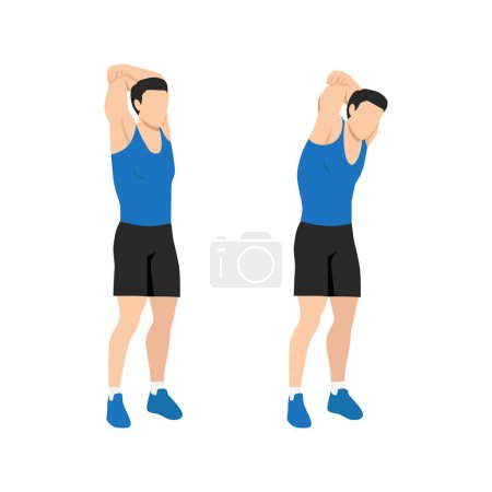 Illustration for Man doing Standing reach up back rotation stretch exercise. Flat vector illustration isolated on white background - Royalty Free Image