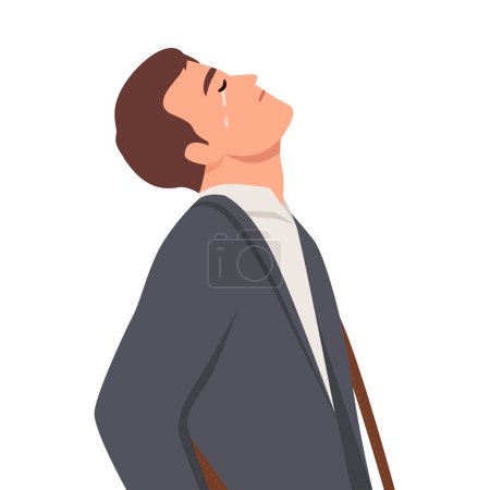 Illustration for Young businessman crying and looking up and sideways, towards the sky or to the spot where the publicist may place a concept or message. Flat vector illustration isolated on white background - Royalty Free Image