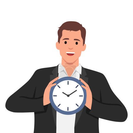 Illustration for Young businessman holding a clock. Time management concept. Flat vector illustration isolated on white background. - Royalty Free Image